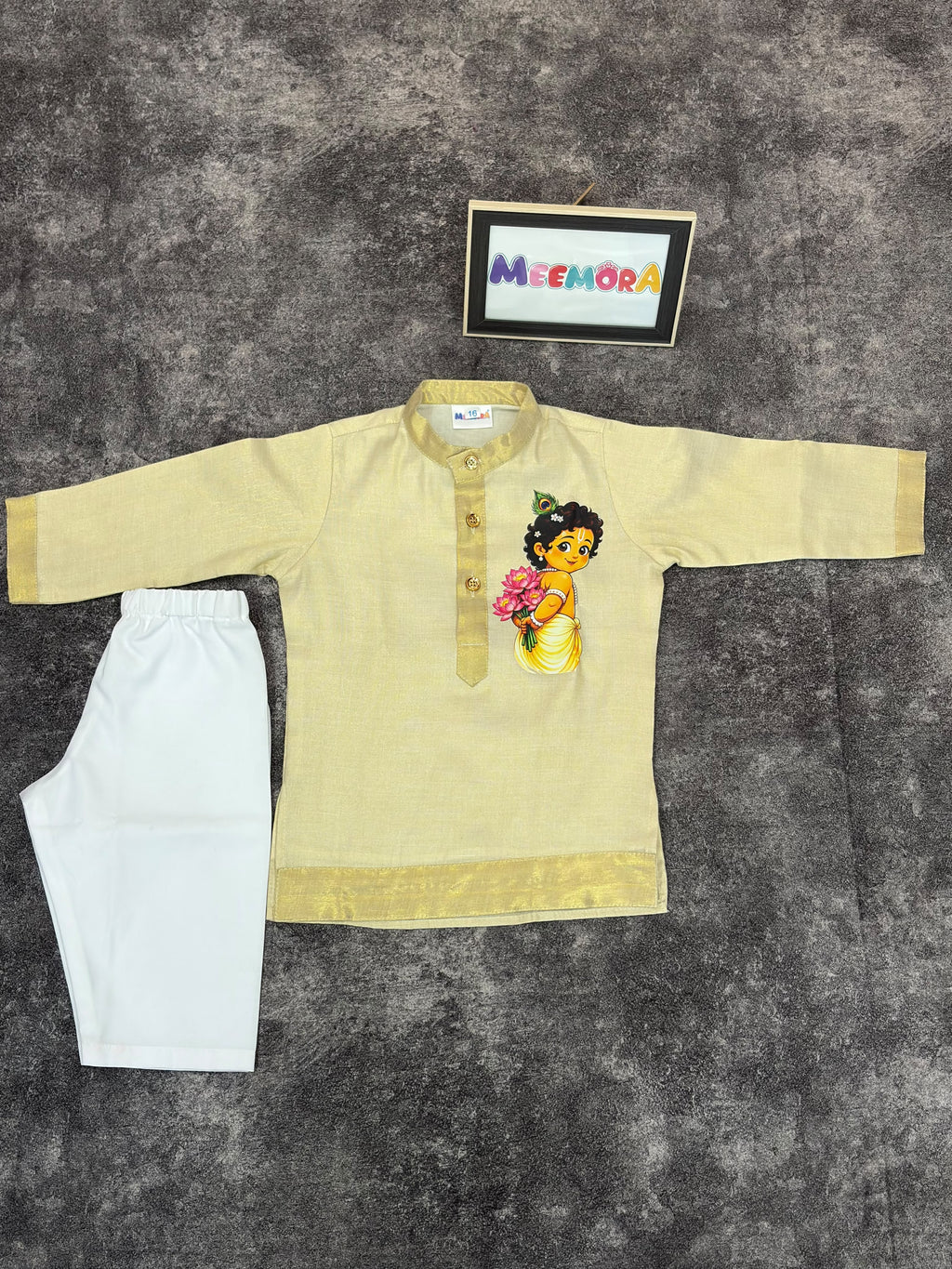 Krishna Cream Kasavu Silk Kurta Pajama for Boys