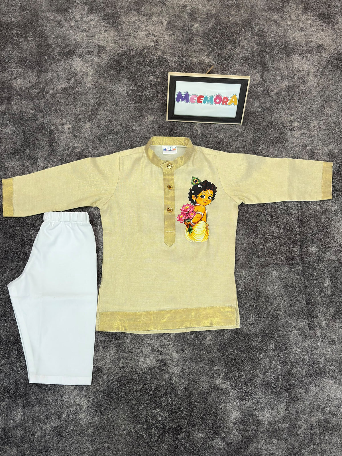 Krishna Cream Kasavu Silk Kurta Pajama for Boys