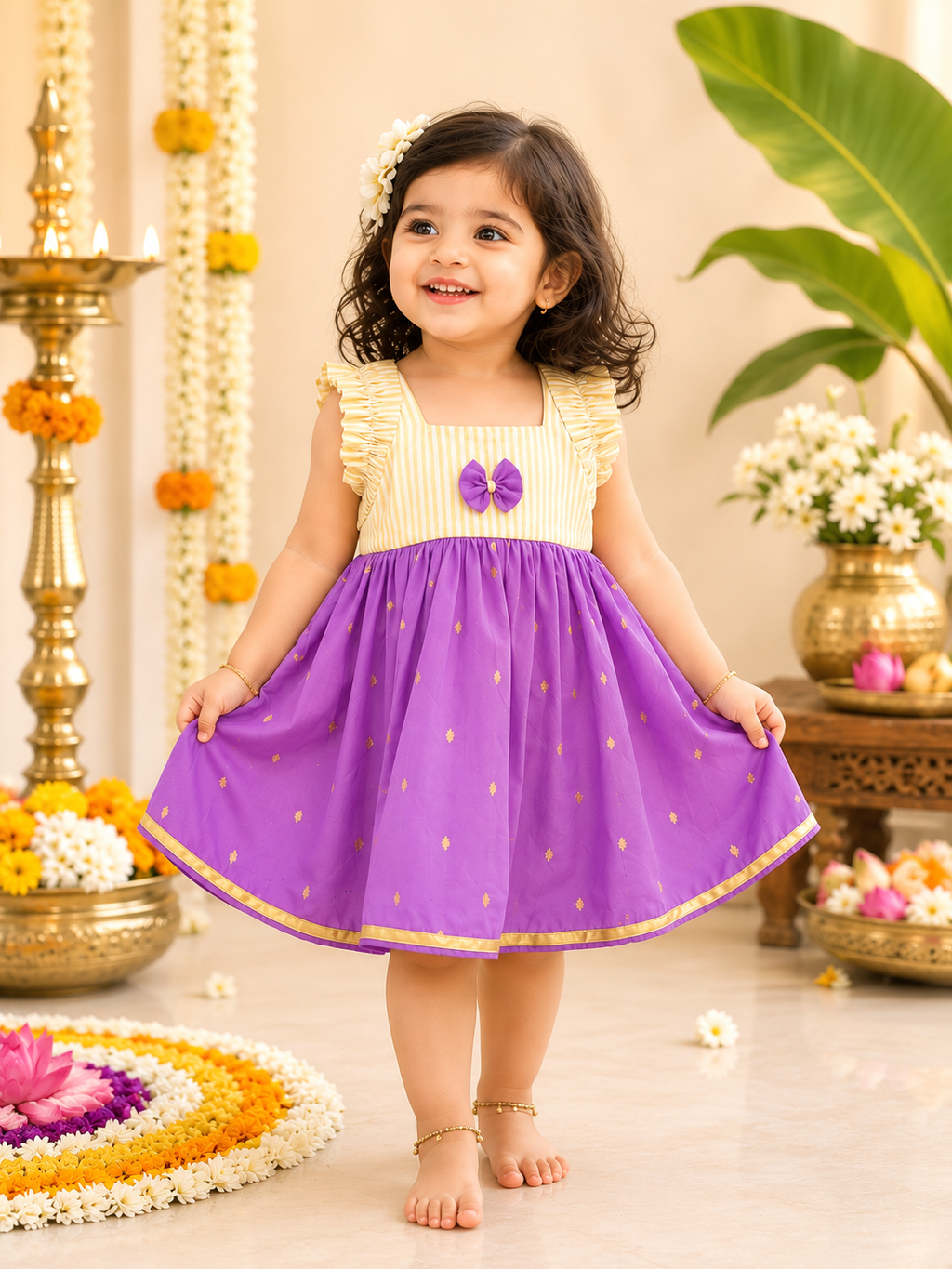 Onam Special Purple & Gold Kasavu Silk Frock for Baby Girl