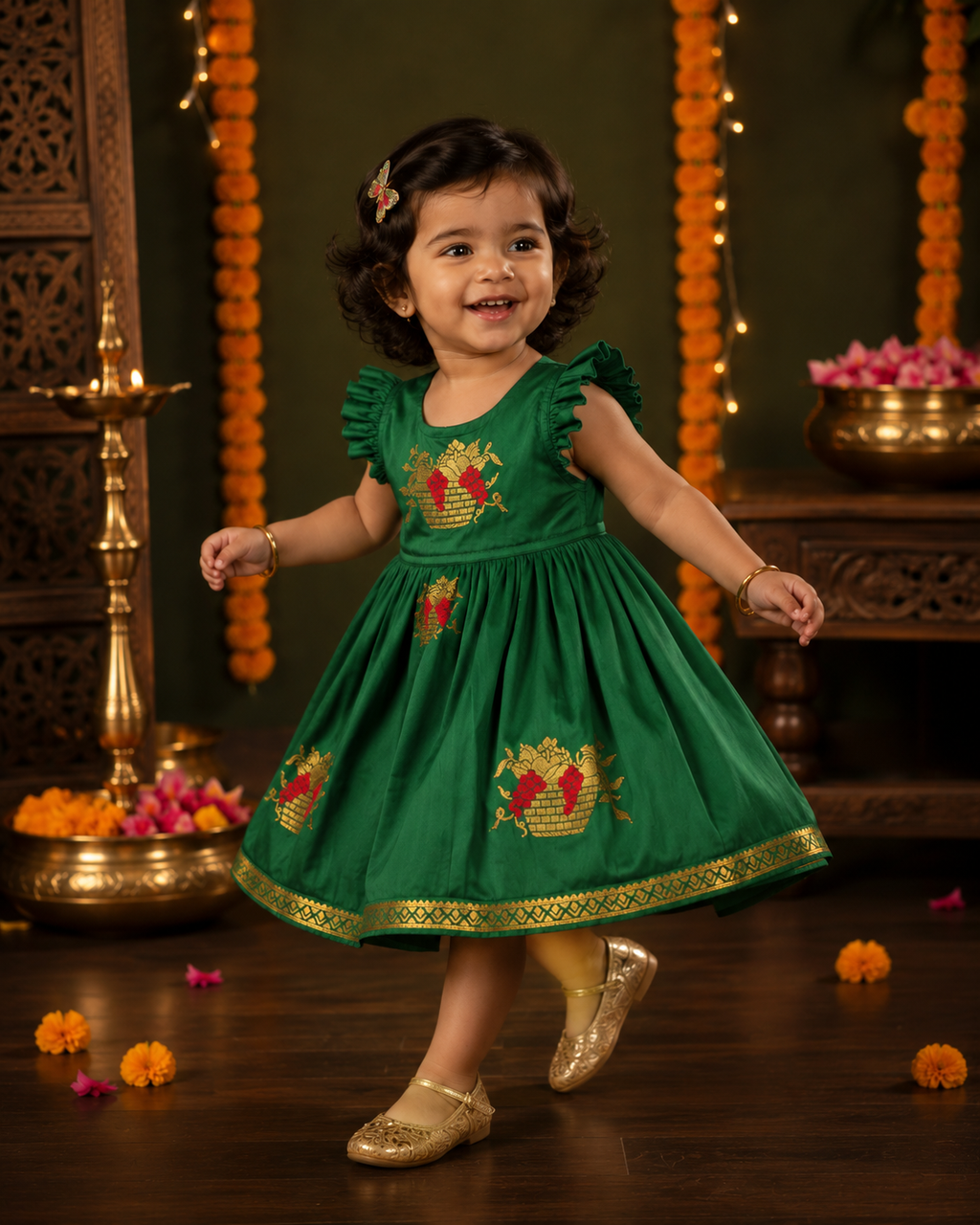 Green Soft Silk Zari Motif Frock for Baby Girl