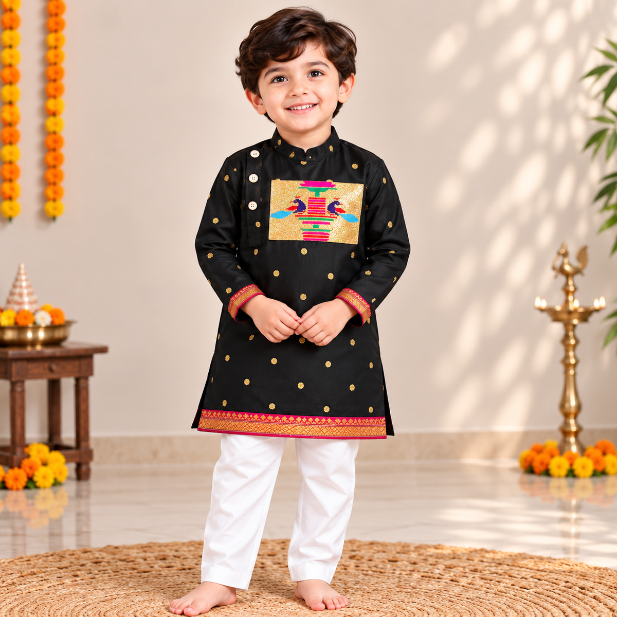 Black Paithani Kurta Pajama for Boys