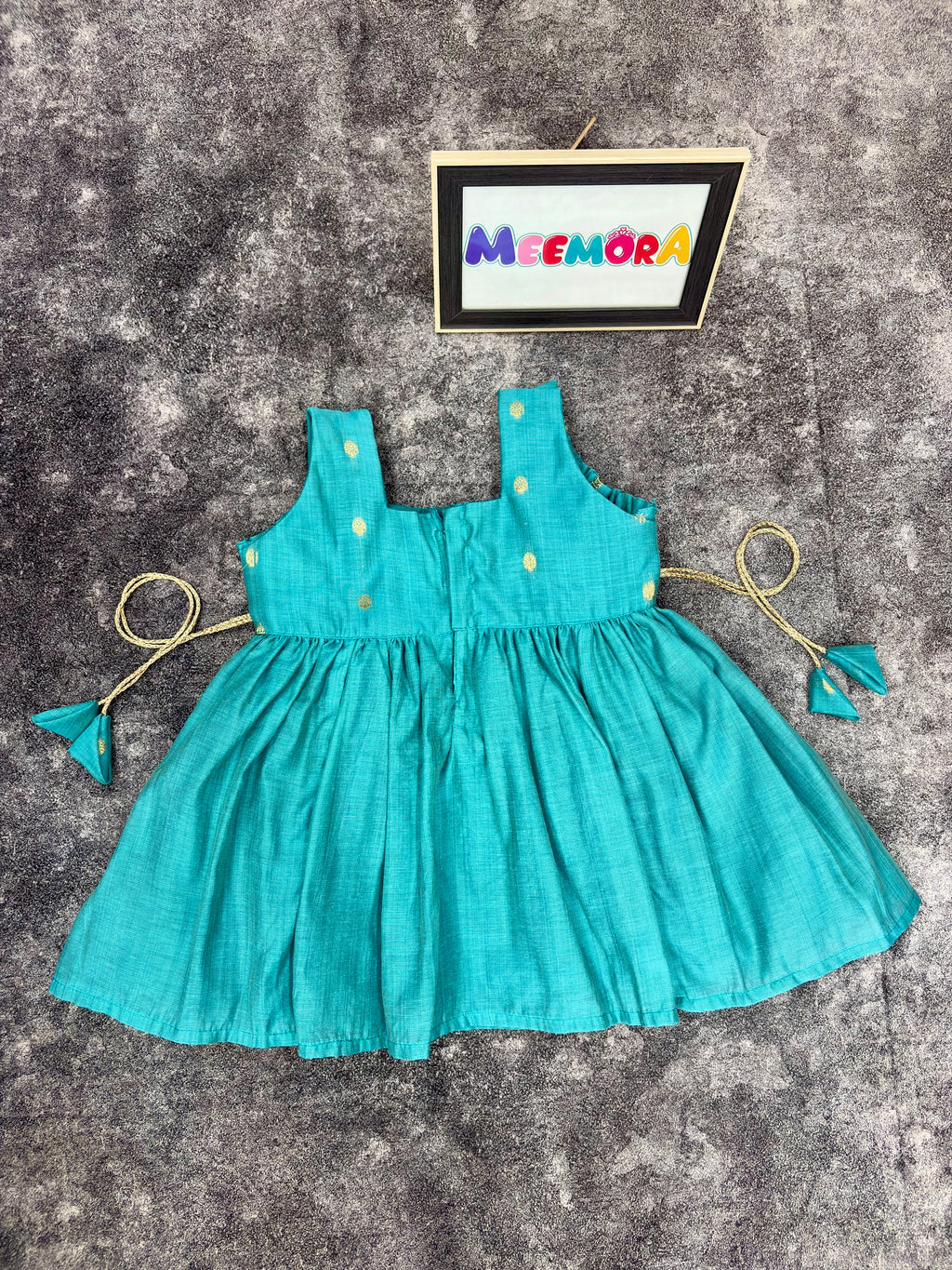 Teal Gold Coin Silk Frock for Girls | 0–5 Years