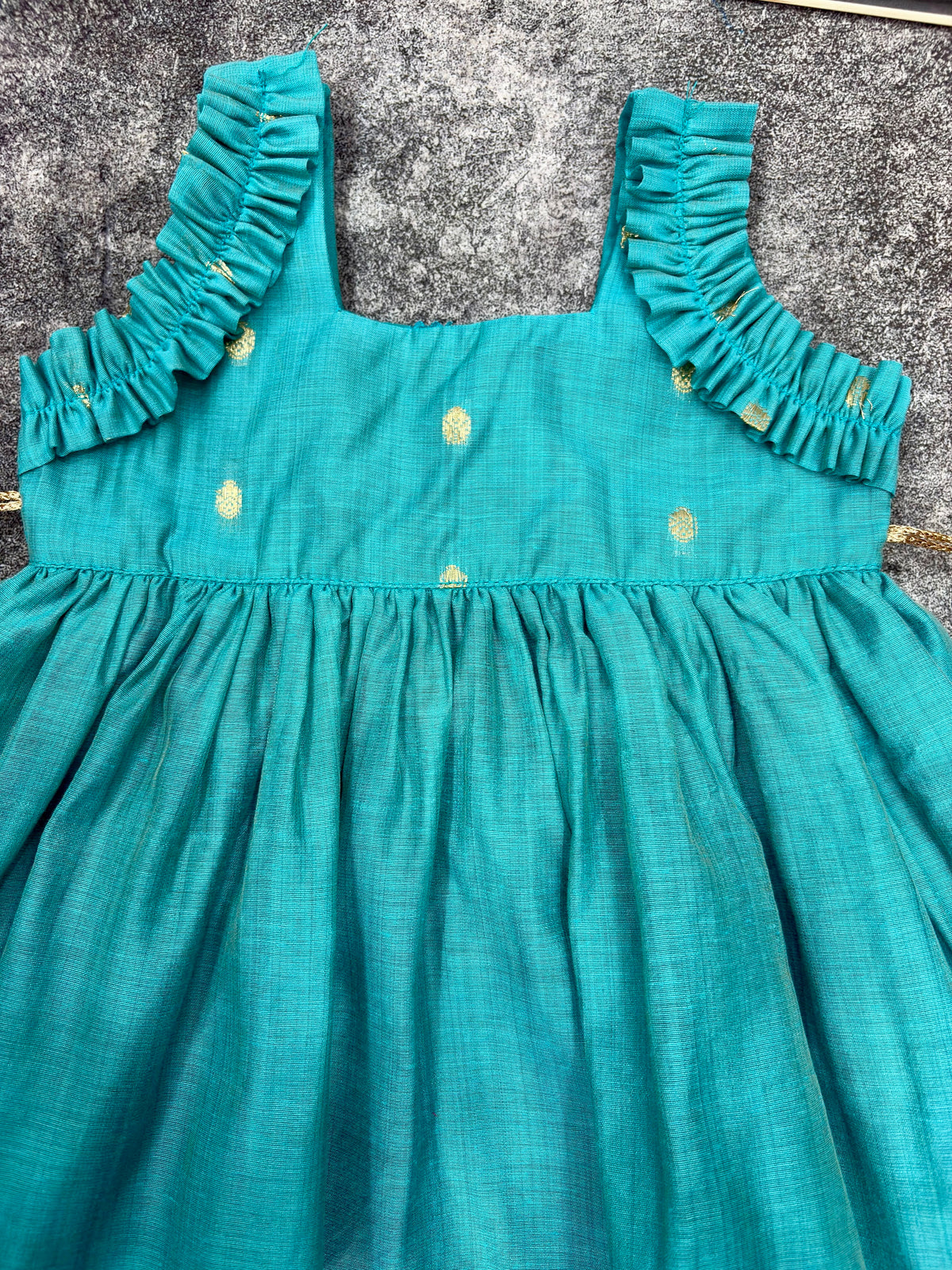 Teal Gold Coin Silk Frock for Girls | 0–5 Years