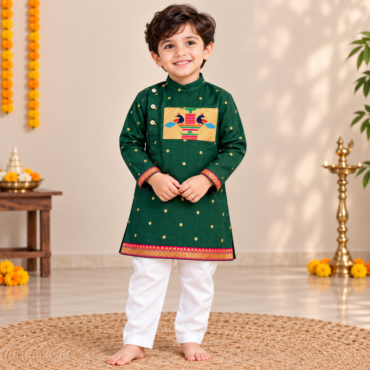 Bottle Green Paithani Kurta Pajama for Boys