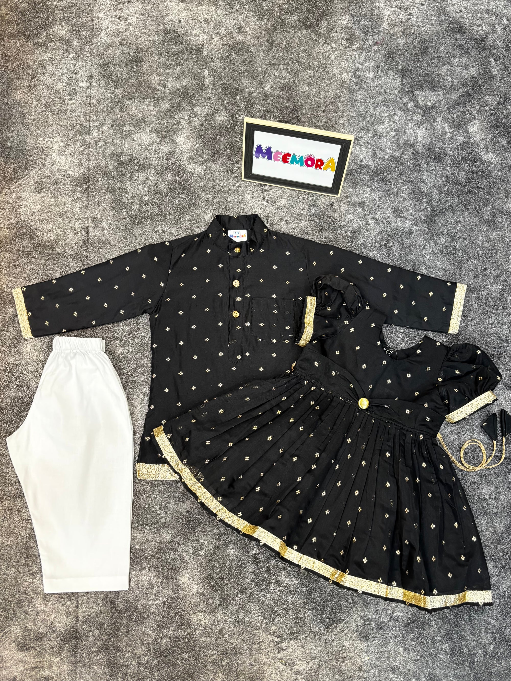 Black Chanderi Silk Frock & Kurta Pajama Combo