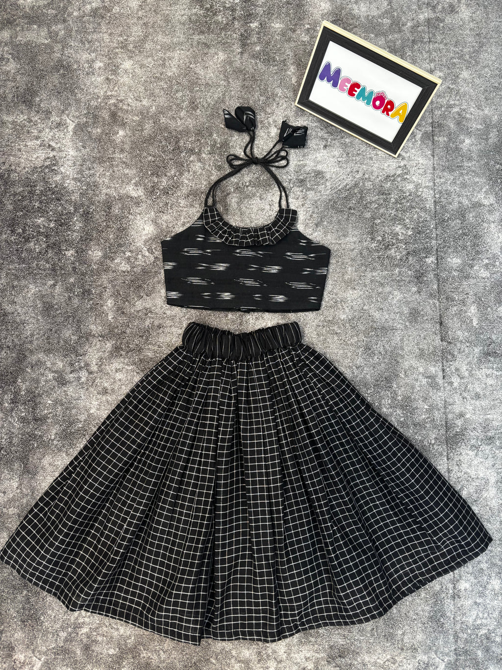 Black Checks Pure Ilkal Skirt Blouse Set