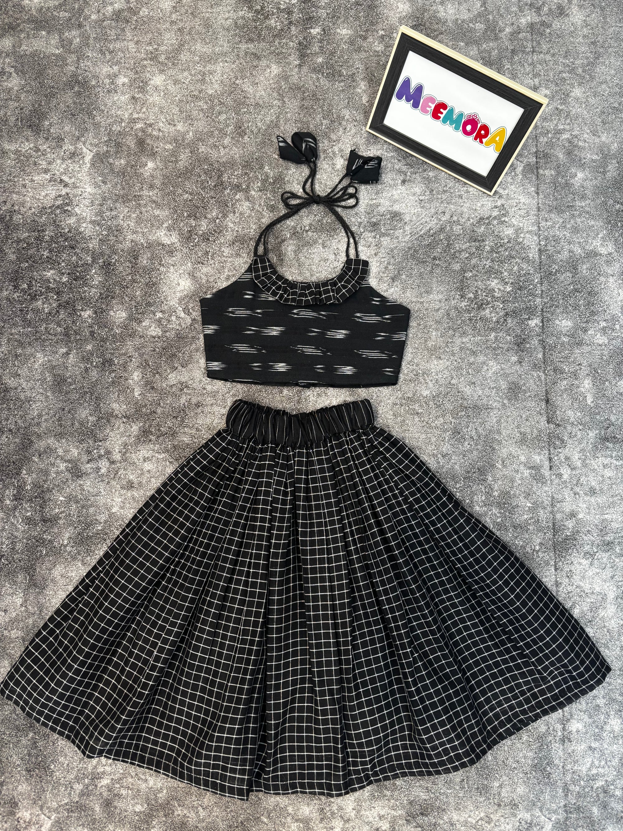 Black Checks Pure Ilkal Skirt Blouse Set