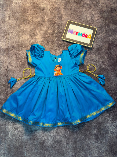 Chintamani Blue Ganesha Soft Silk Frock for Girls