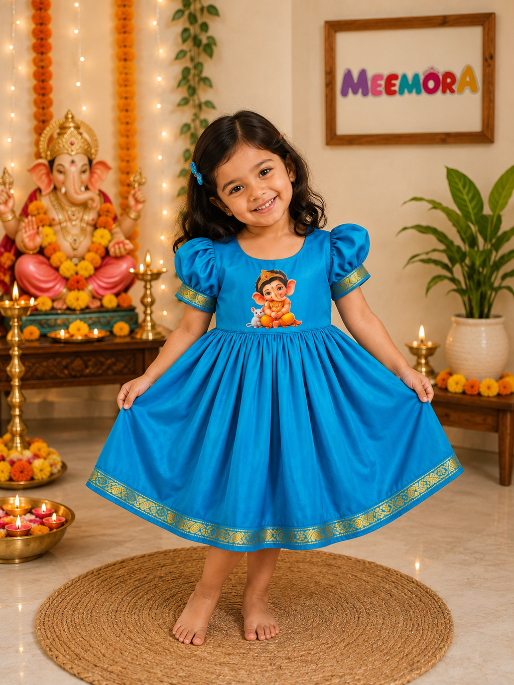 Chintamani Blue Ganesha Soft Silk Frock for Girls