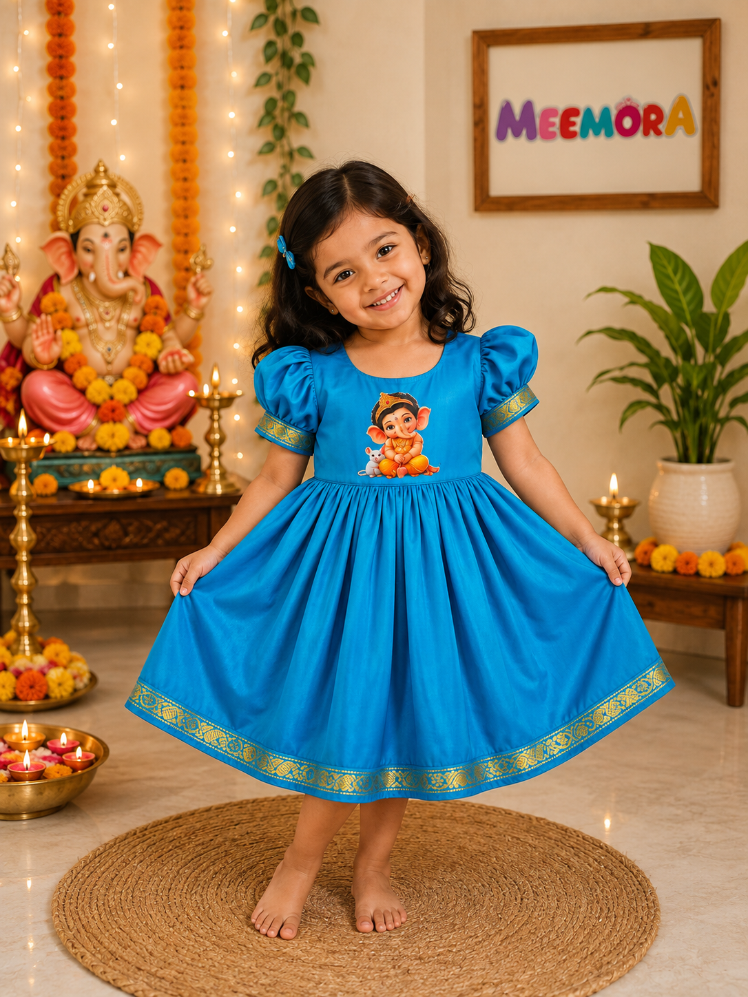 Chintamani Blue Ganesha Soft Silk Frock for Girls