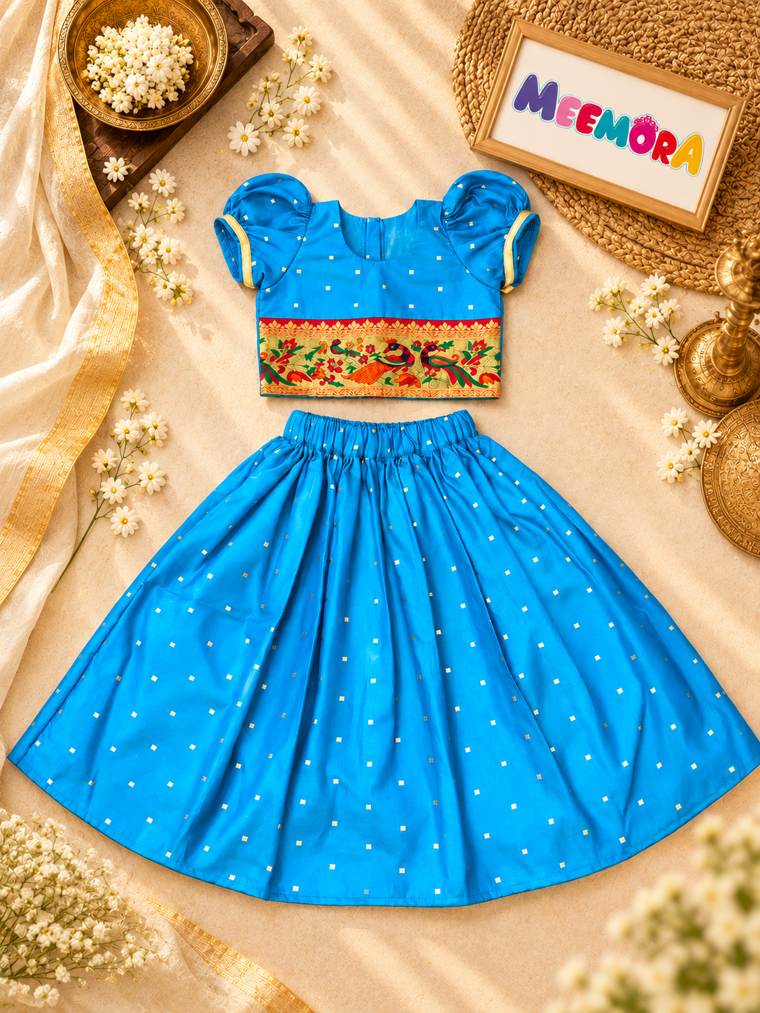 Chintamani Twotoned Paithani Silk Skirt & Blouse Set for Girls | 1-8 Years