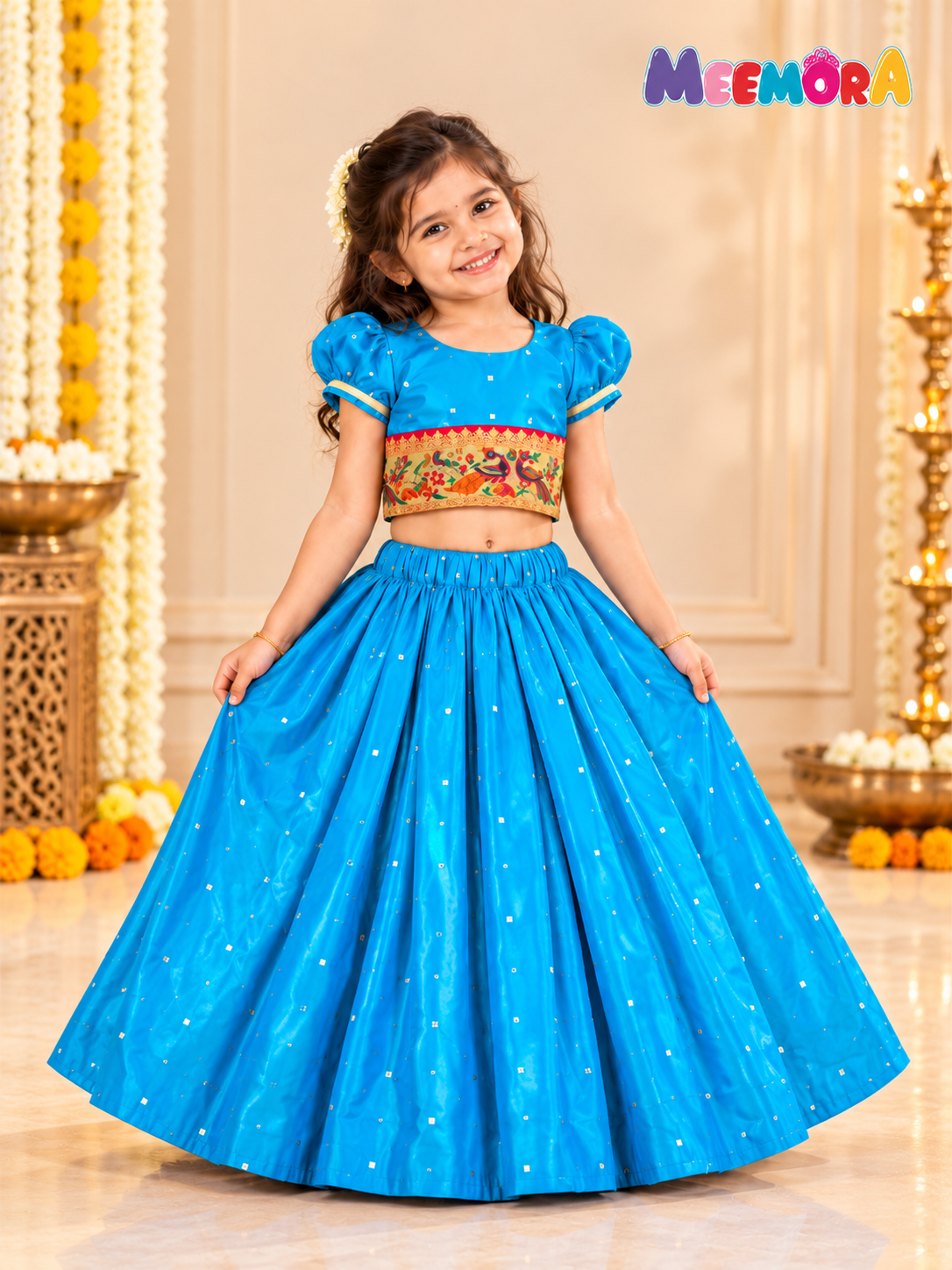Chintamani Twotoned Paithani Silk Skirt & Blouse Set for Girls | 1-8 Years
