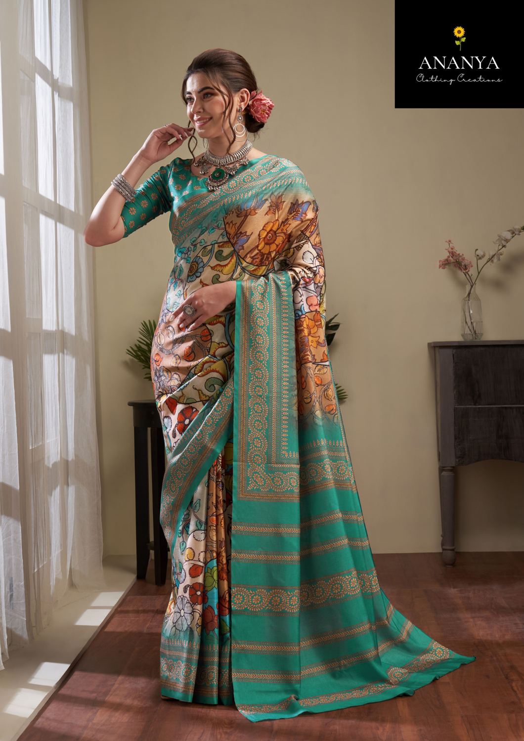 Blue Cream Kalamkari Print Manipuri Silk Saree