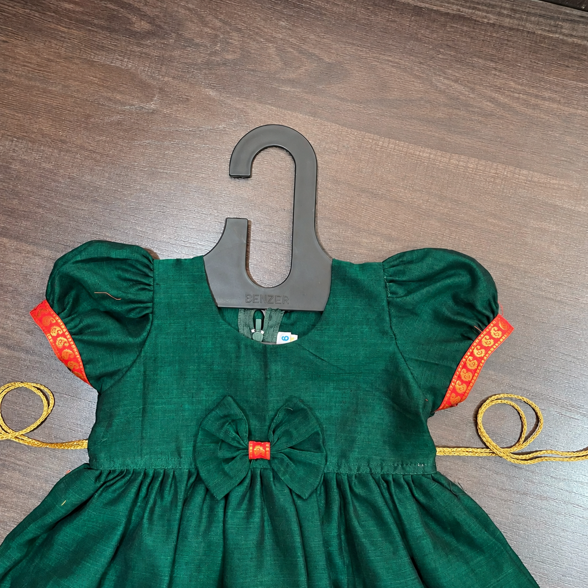 Bottle Green South Ilkal Frock with Peacock Border for Girls