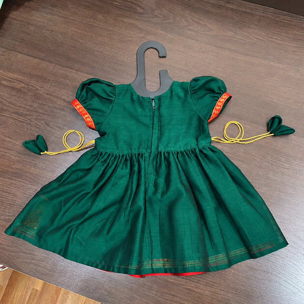 Bottle Green South Ilkal Frock with Peacock Border for Girls