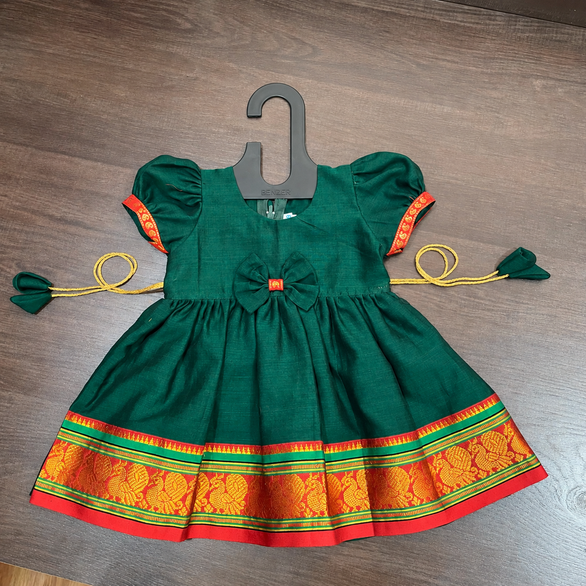 Bottle Green South Ilkal Frock with Peacock Border for Girls