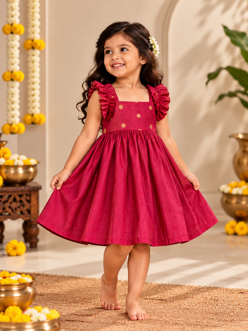 Cherry Gold Coin Silk Frock for Girls | 0–5 Years
