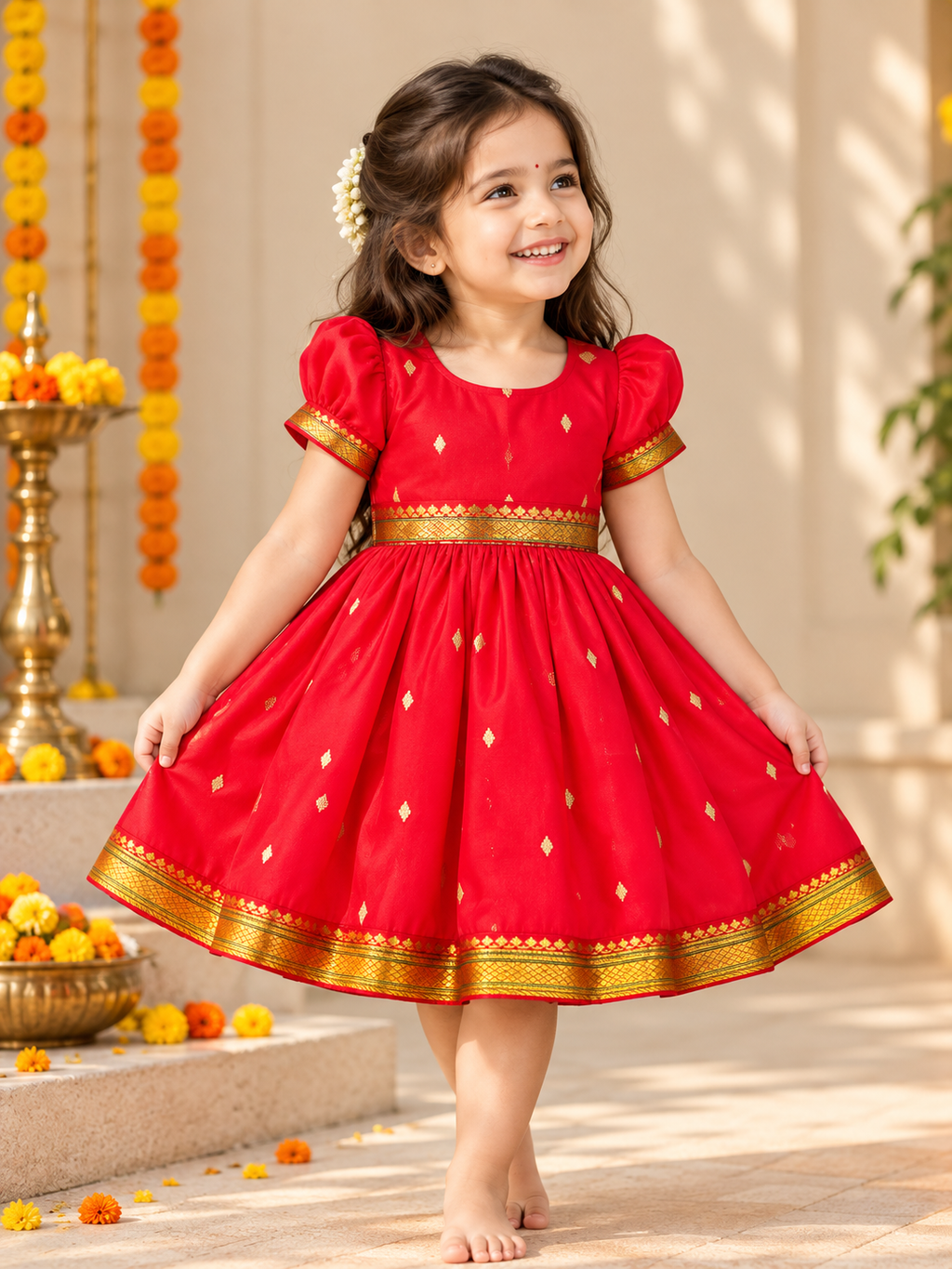 Red Paithani Butti Silk Frock for Girls | 0–8 Years