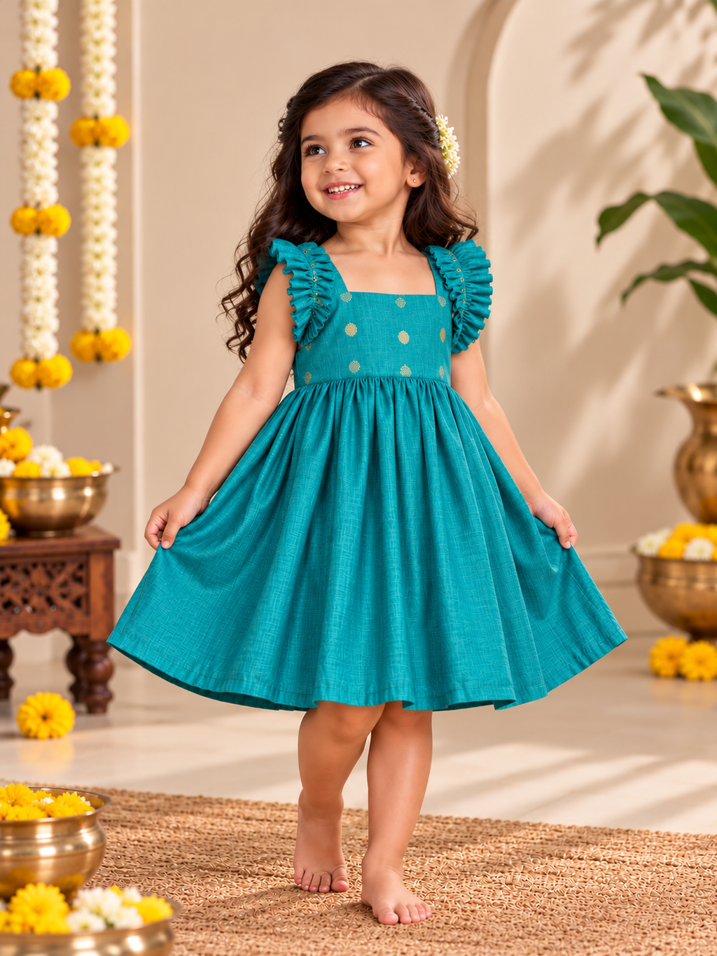 Teal Gold Coin Silk Frock for Girls | 0–5 Years