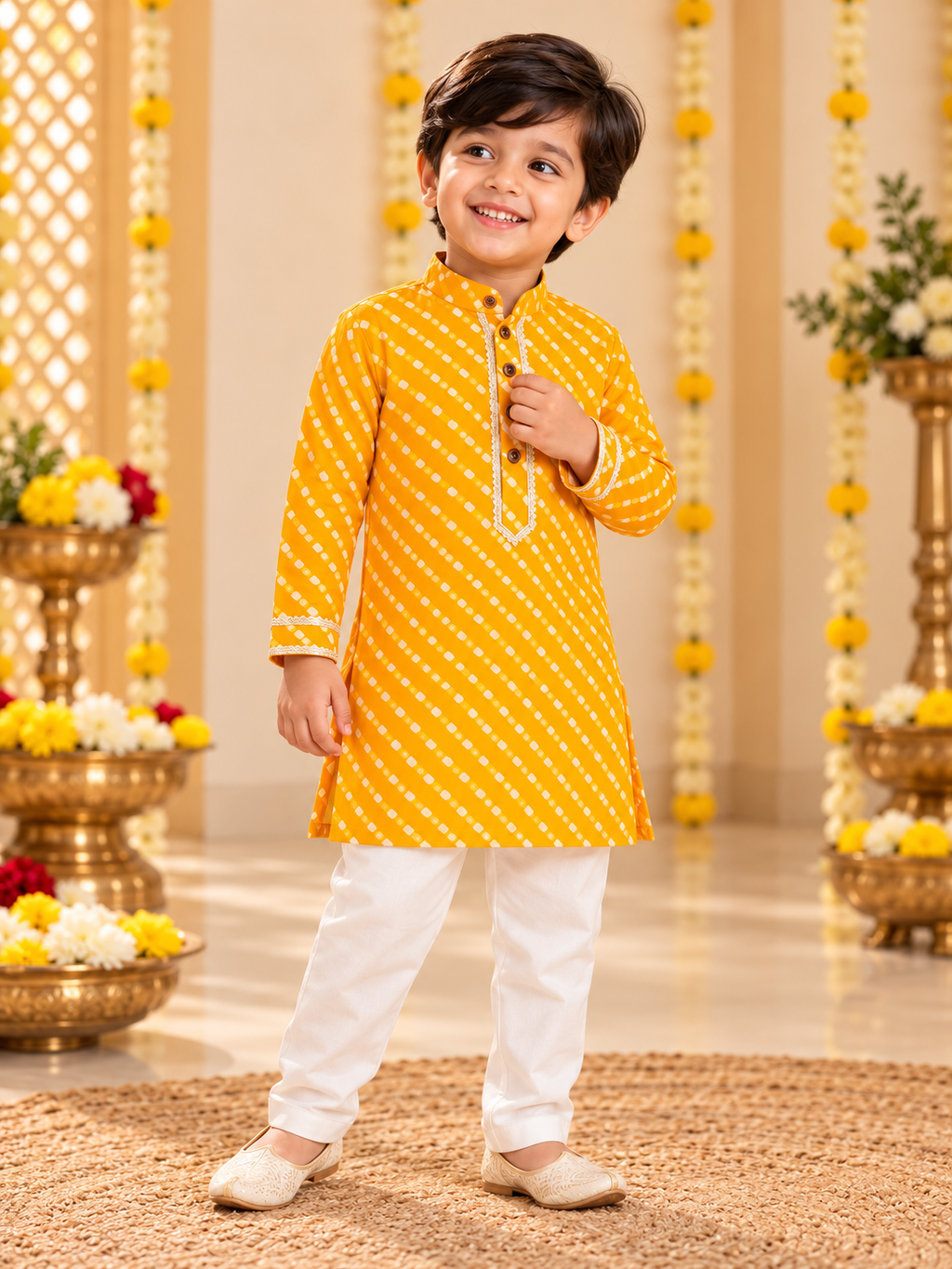 Yellow Lehriya Cotton Kurta Pajama for Boys | 0-7 Years