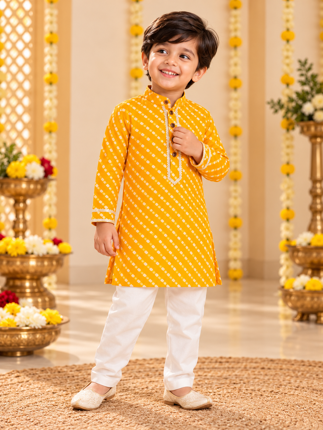 Yellow Lehriya Cotton Kurta Pajama for Boys | 0-7 Years