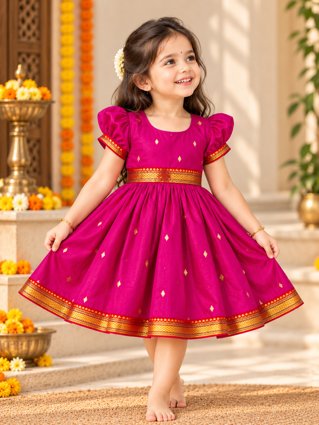 Ranipink Paithani Butti Silk Frock for Girls | 0–8 Years