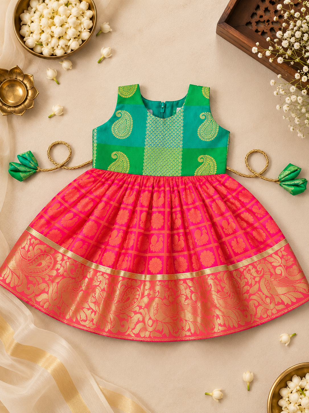 Green & Pink Checks Peacock Silk Frock for Girls