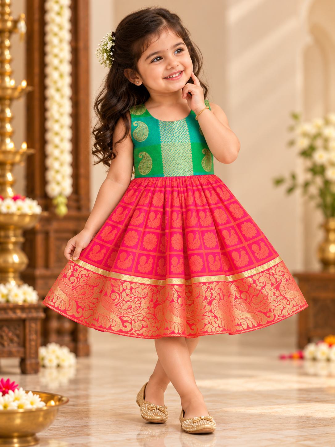 Green & Pink Checks Peacock Silk Frock for Girls