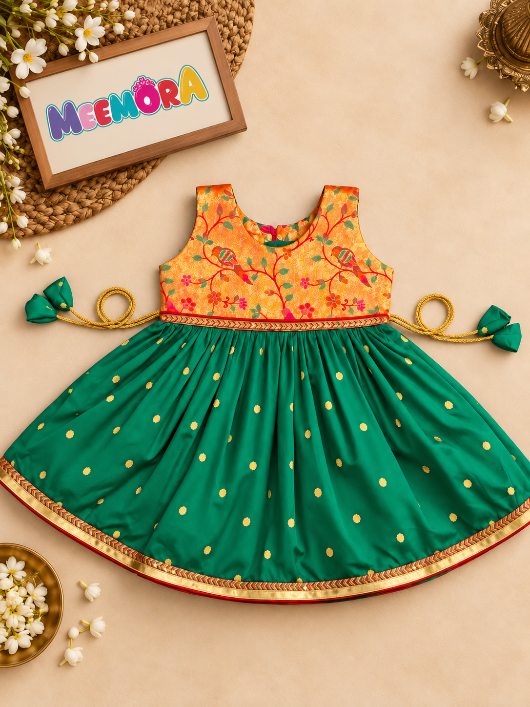 Green Paithani Golden Zari Frock for Girls | 0-5Yr