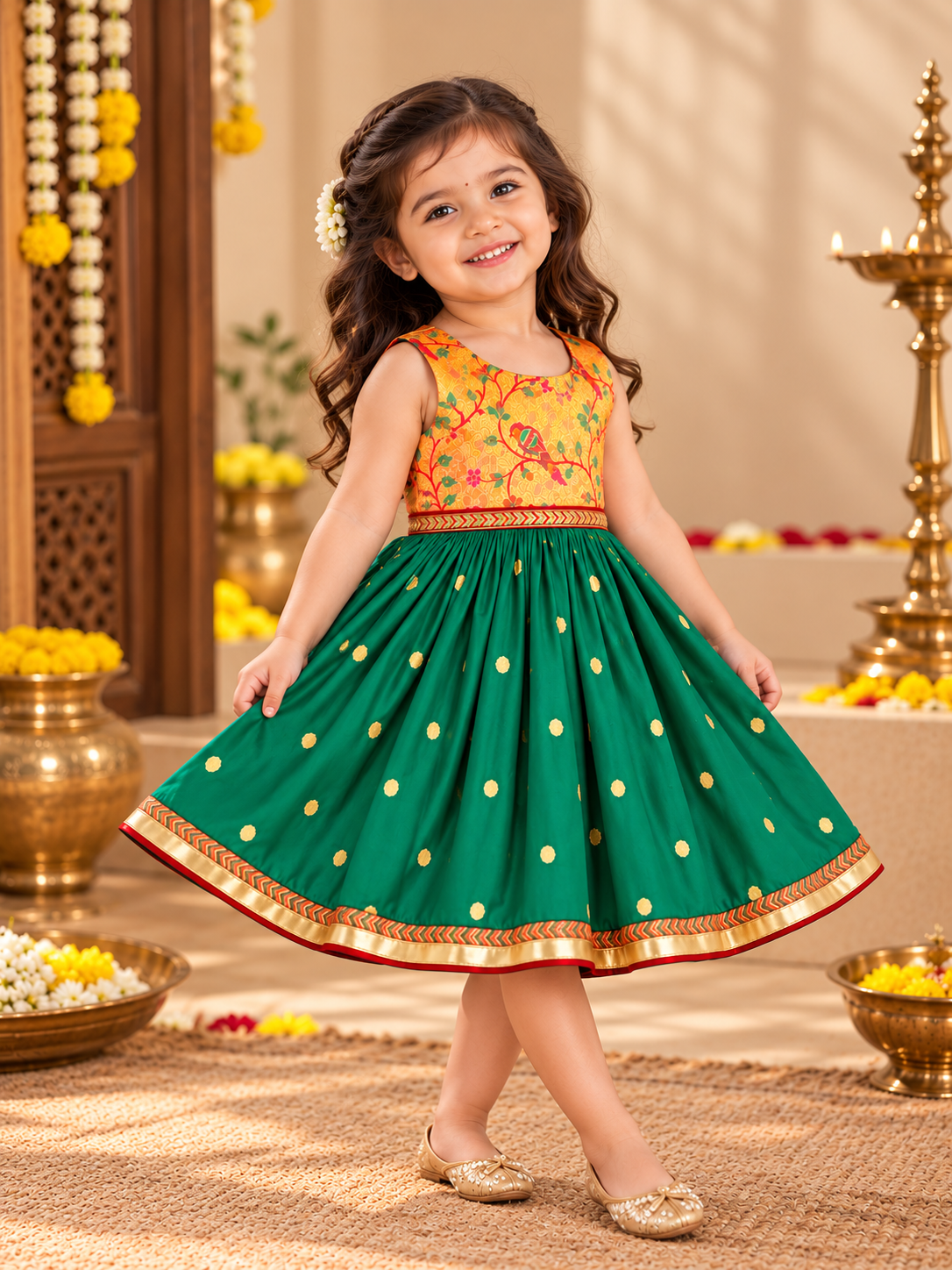 Green Paithani Golden Zari Frock for Girls | 0-5Yr