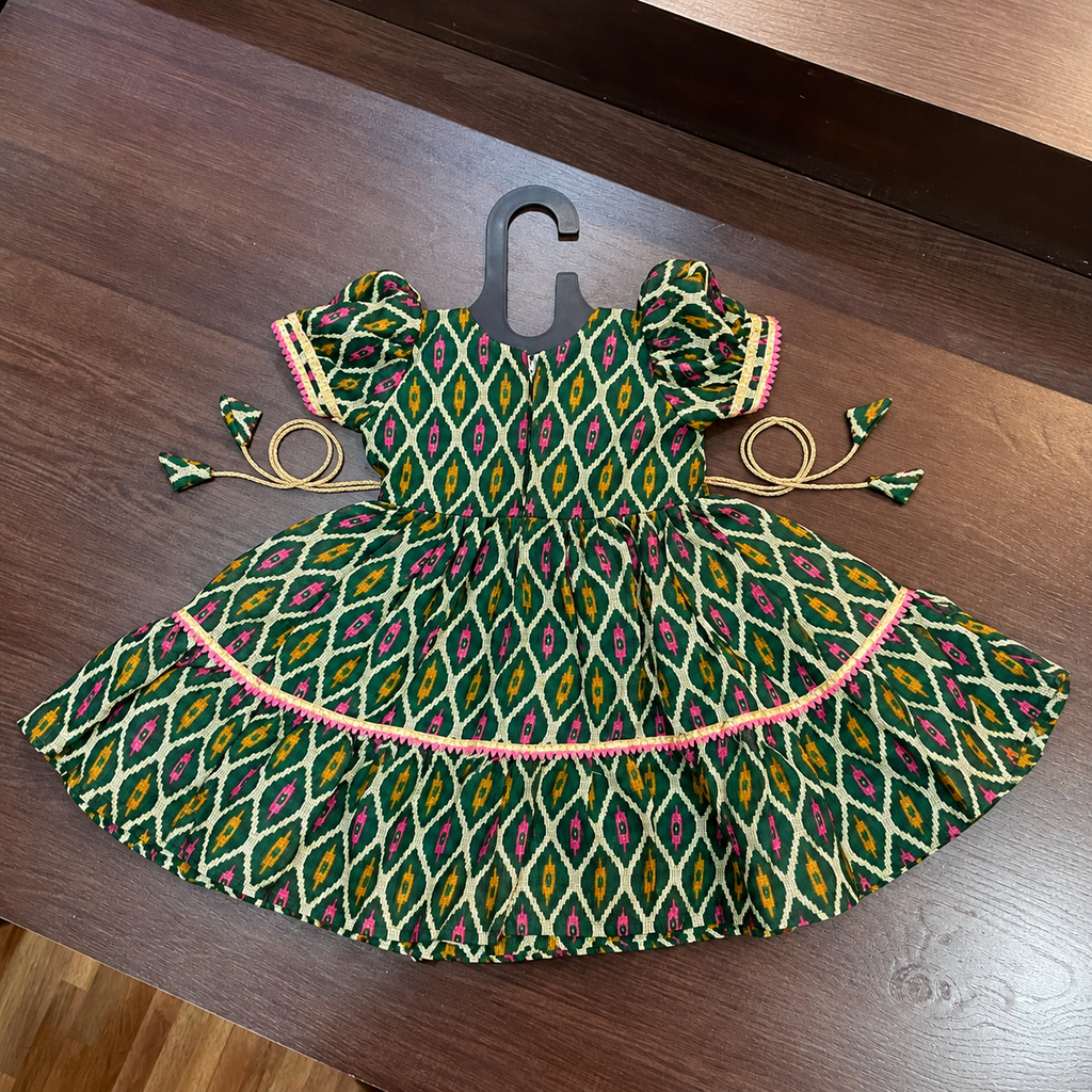 Green Angrakha Frock with Gotta Patti Border for Girls