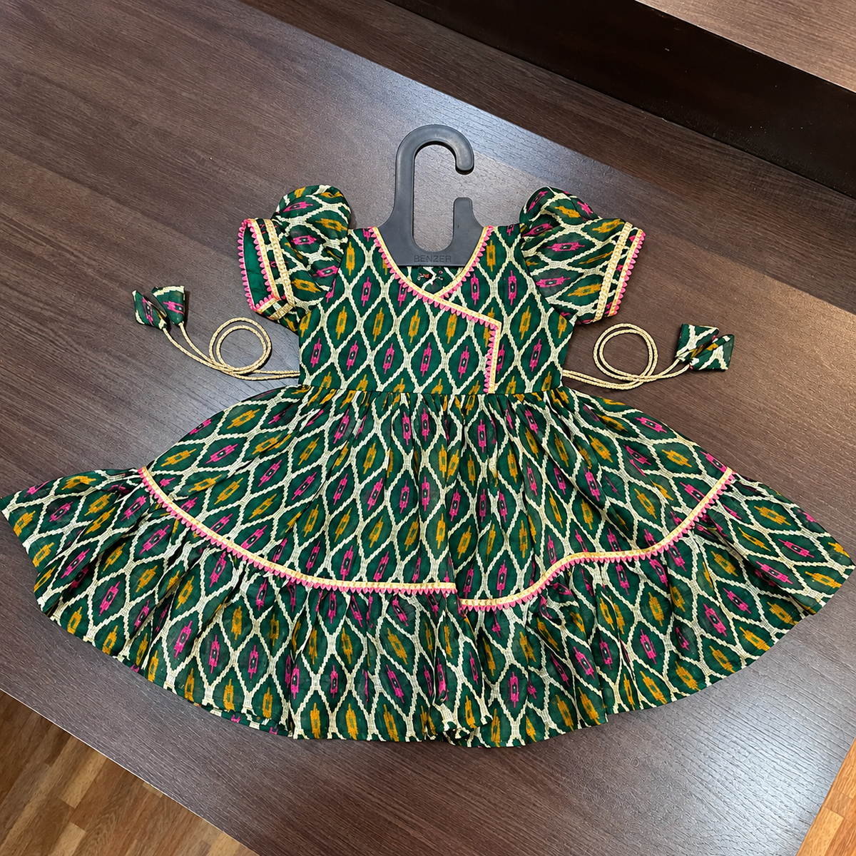 Green Angrakha Frock with Gotta Patti Border for Girls