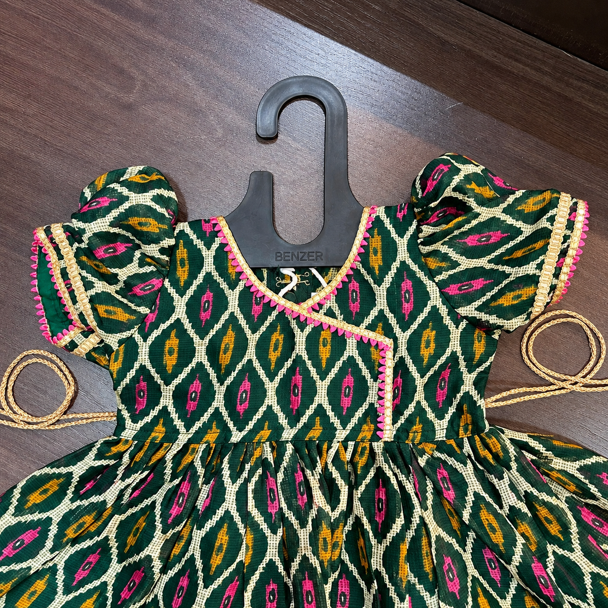 Green Angrakha Frock with Gotta Patti Border for Girls