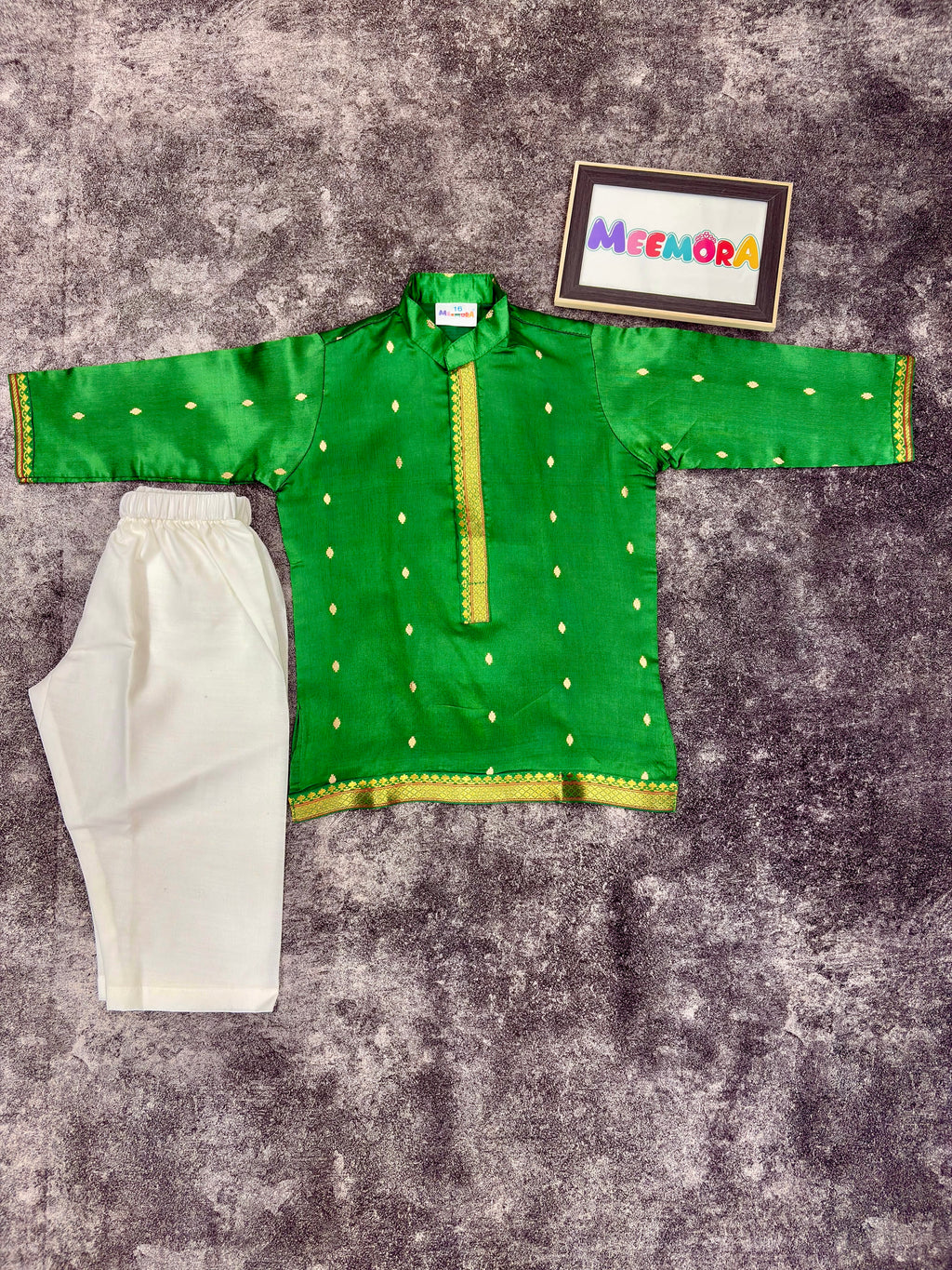 Green Silk Paithani Butti Ganpati Silk Kurta Pajama for Boys