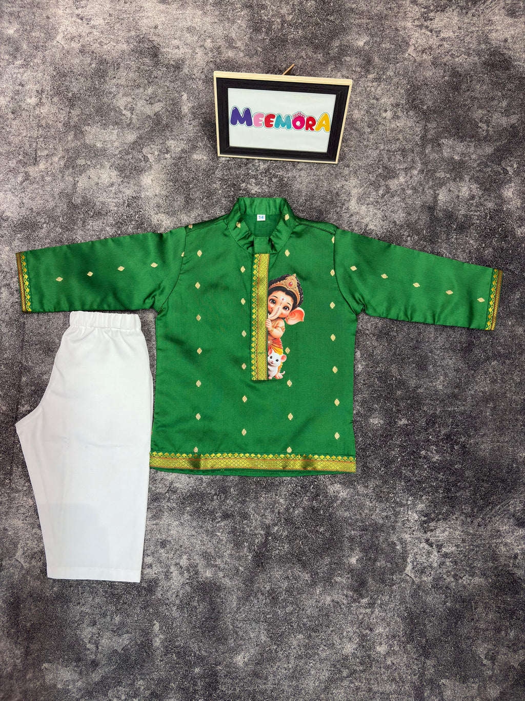 Green Silk Paithani Butti Ganpati Silk Kurta Pajama for Boys