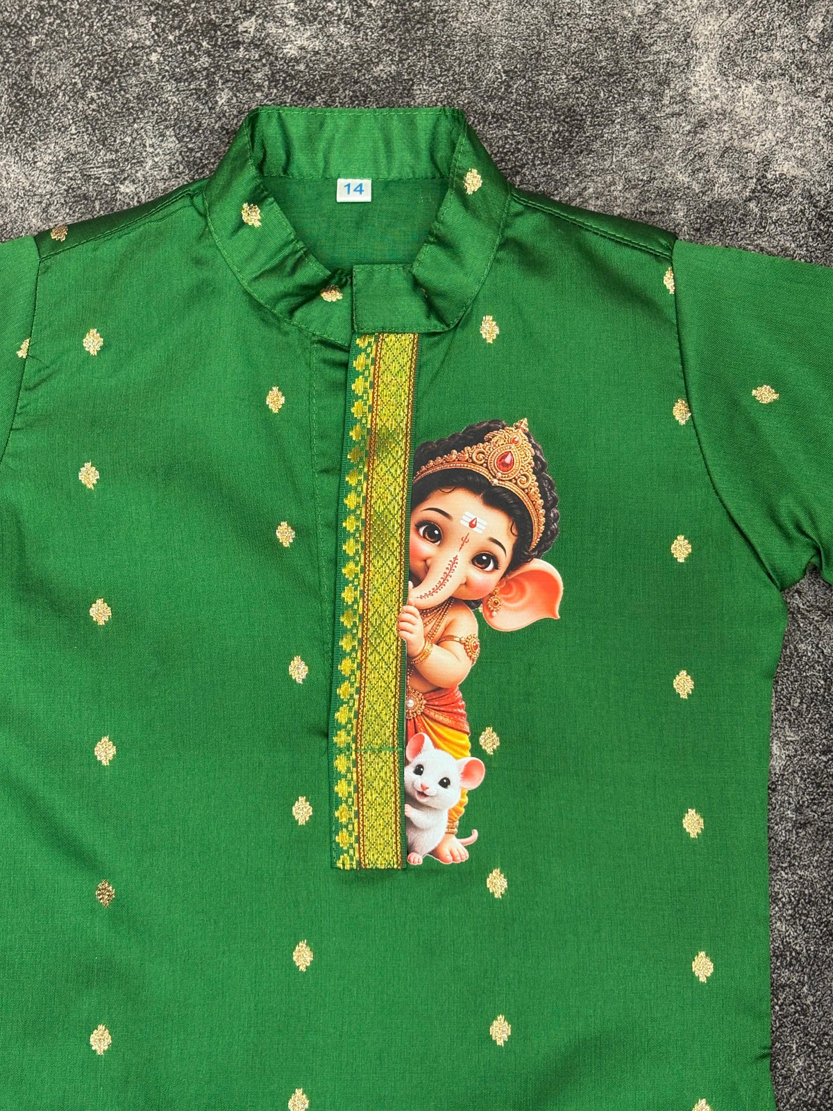 Green Silk Paithani Butti Ganpati Silk Kurta Pajama for Boys