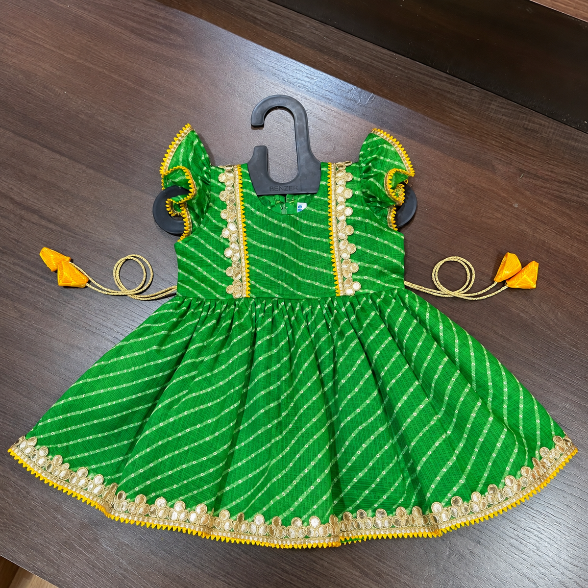 Green Lehriya Print Frock with Gotta Patti Border for Girls