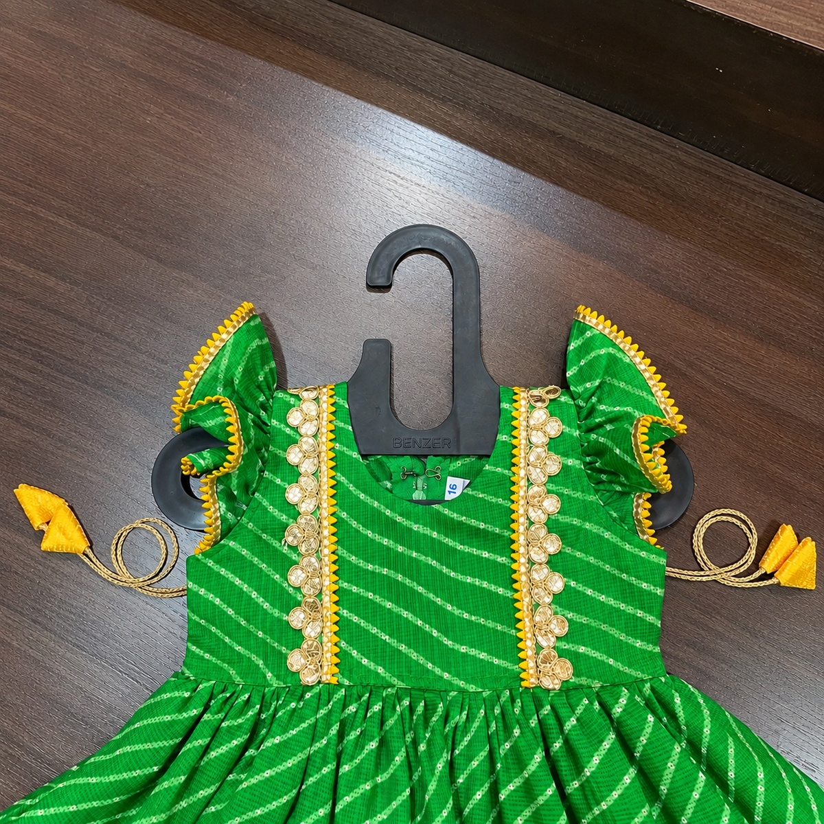 Green Lehriya Print Frock with Gotta Patti Border for Girls
