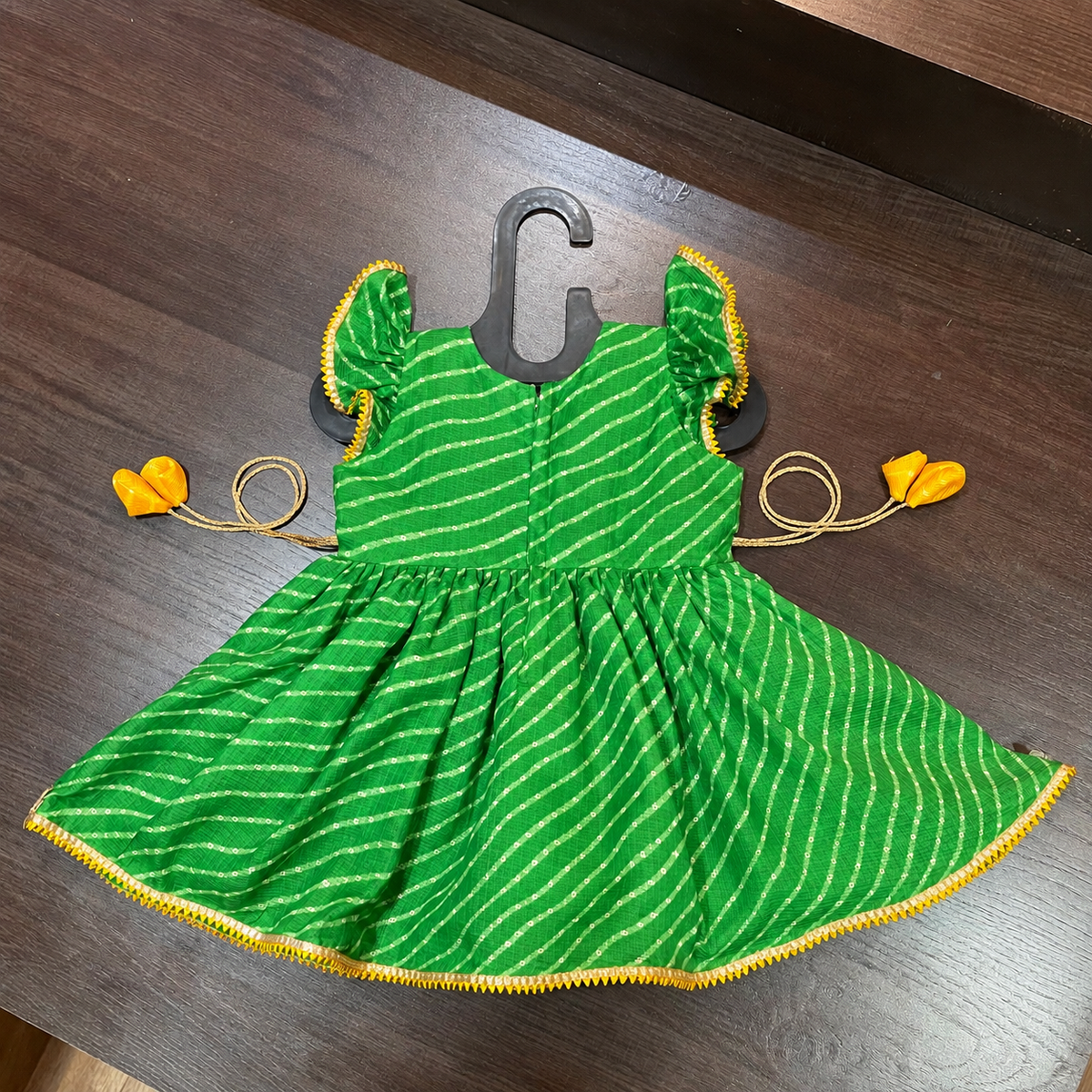 Green Lehriya Print Frock with Gotta Patti Border for Girls