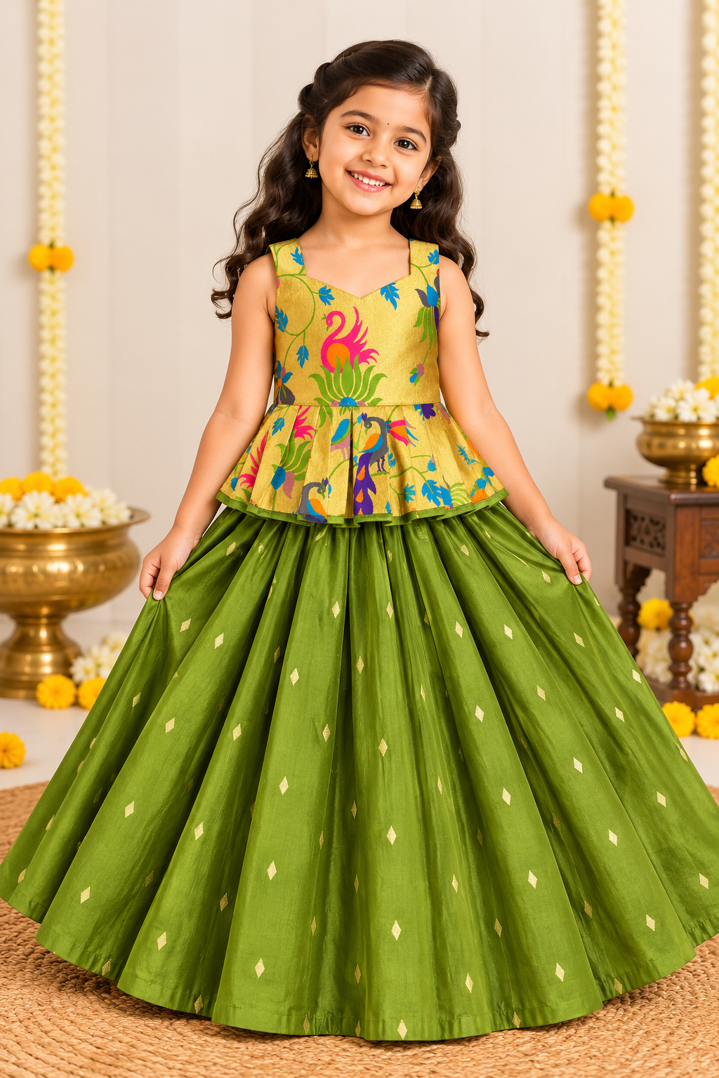 Green Paithani Zari Silk Skirt & Blouse Set for Girls | 1-8 Years