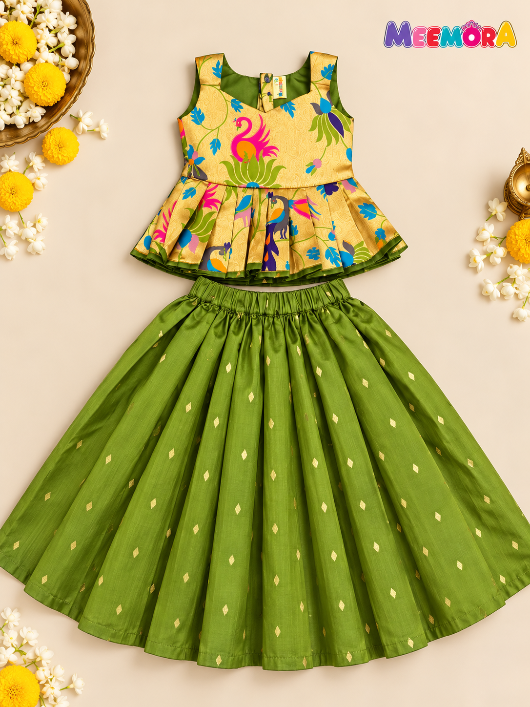 Green Paithani Zari Silk Skirt & Blouse Set for Girls | 1-8 Years
