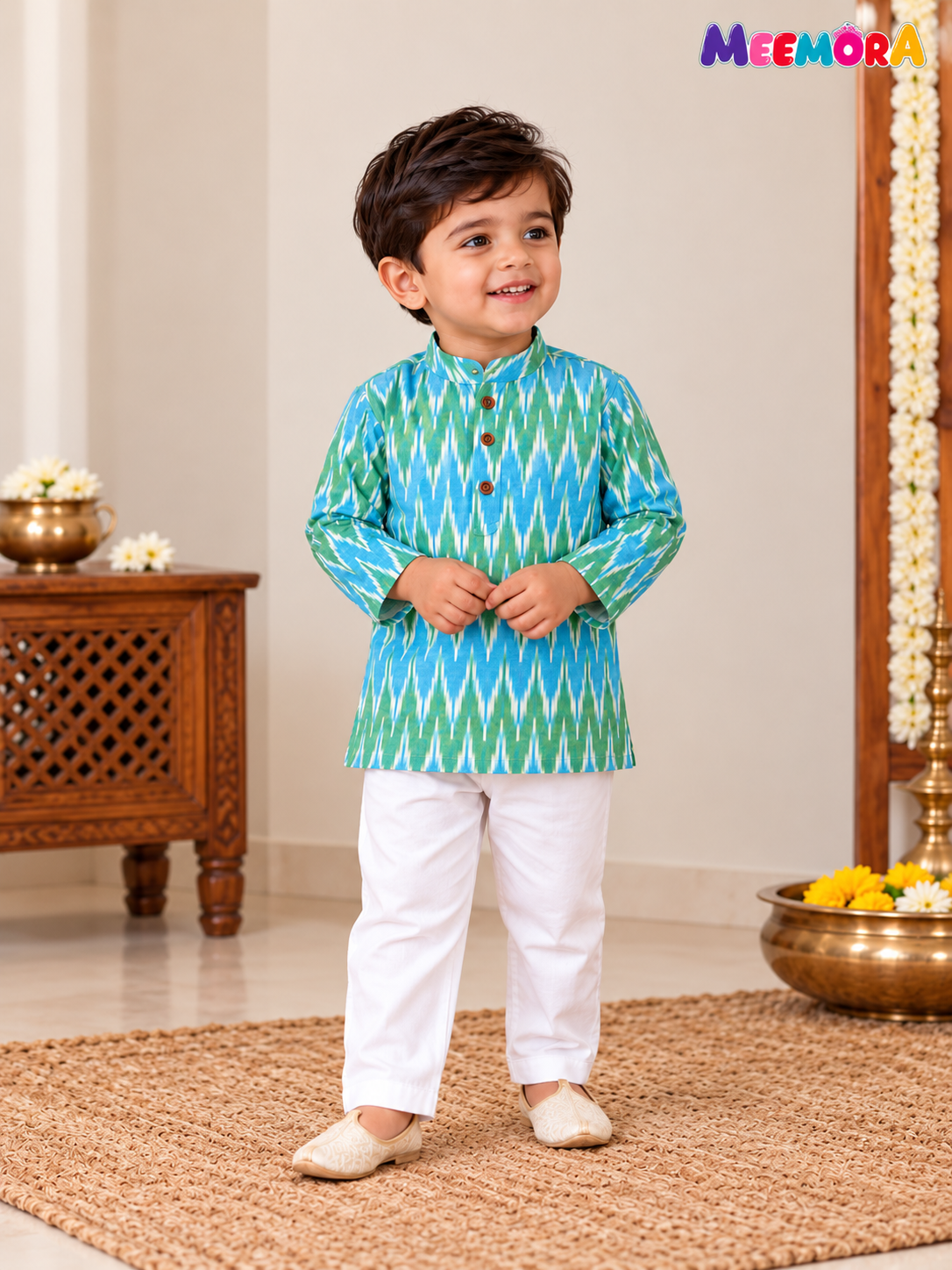 Blue Green Ikat Cotton Kurta Pajama for Boys | 0-7 Years