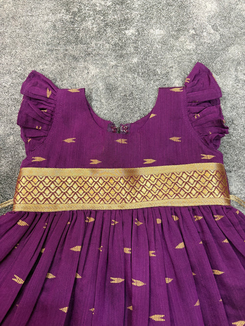 Wine Raw Silk Frock Kids Dress for Baby Girl
