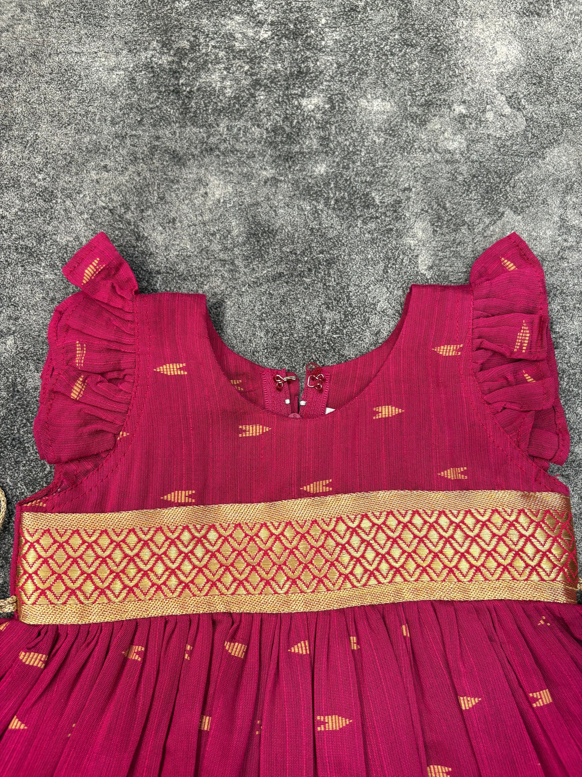 Rani Pink Raw Silk Frock Kids Dress for Baby Girl