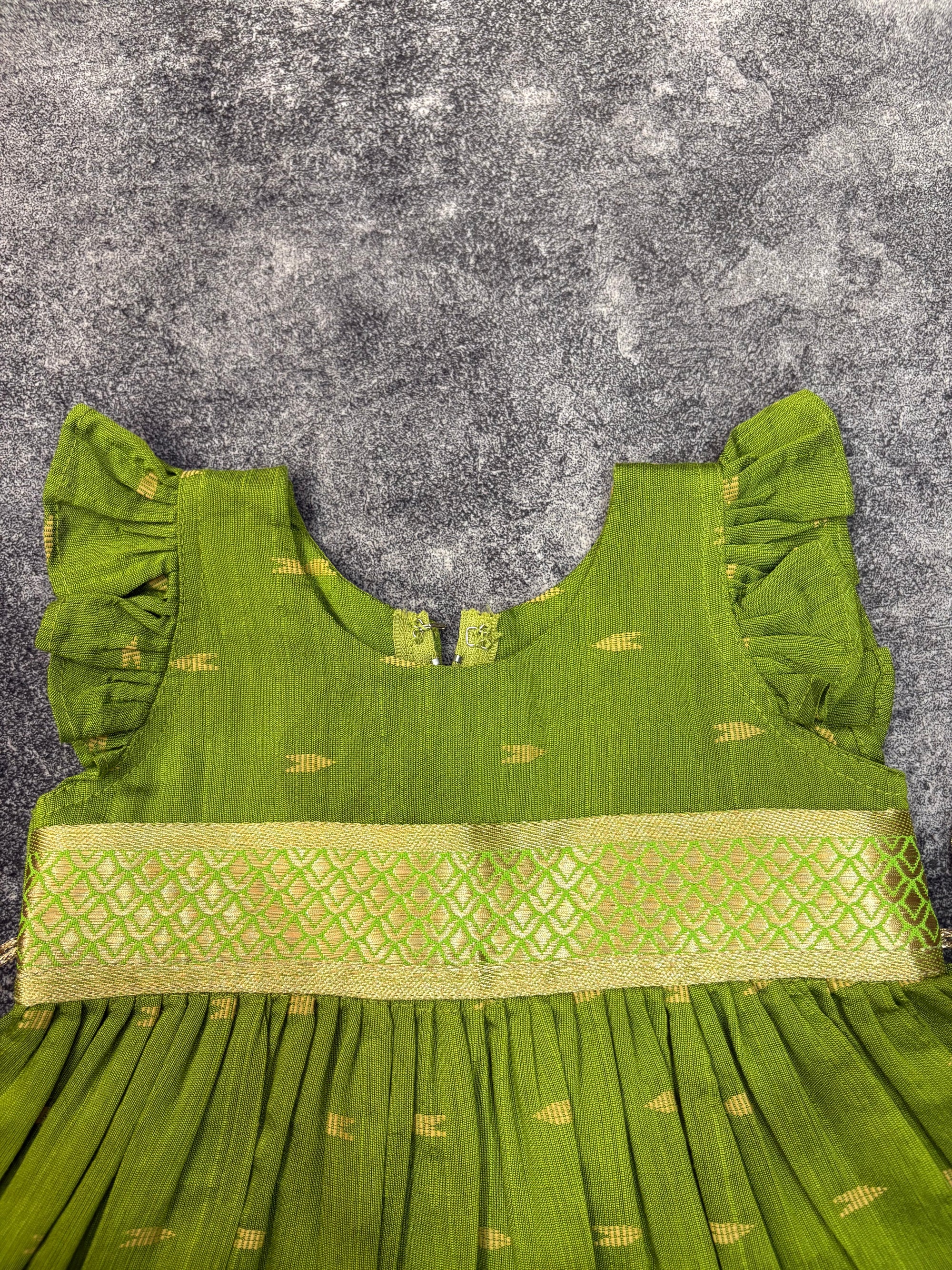 Mehendi Raw Silk Frock Kids Dress for Baby Girl