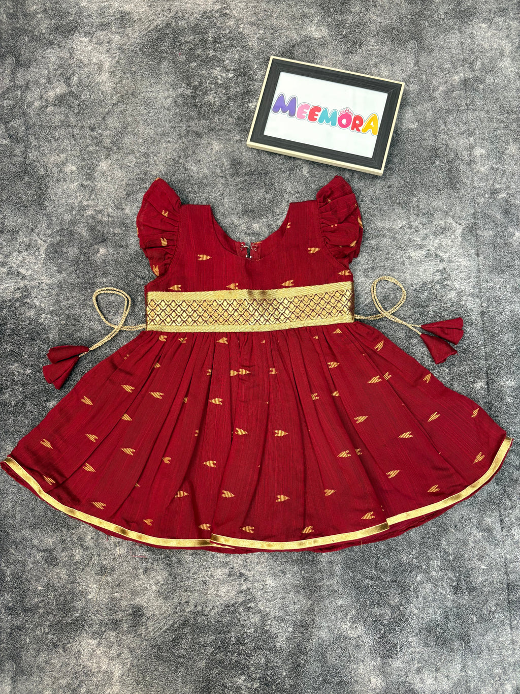 Maroon Raw Silk Frock Kids Dress for Baby Girl