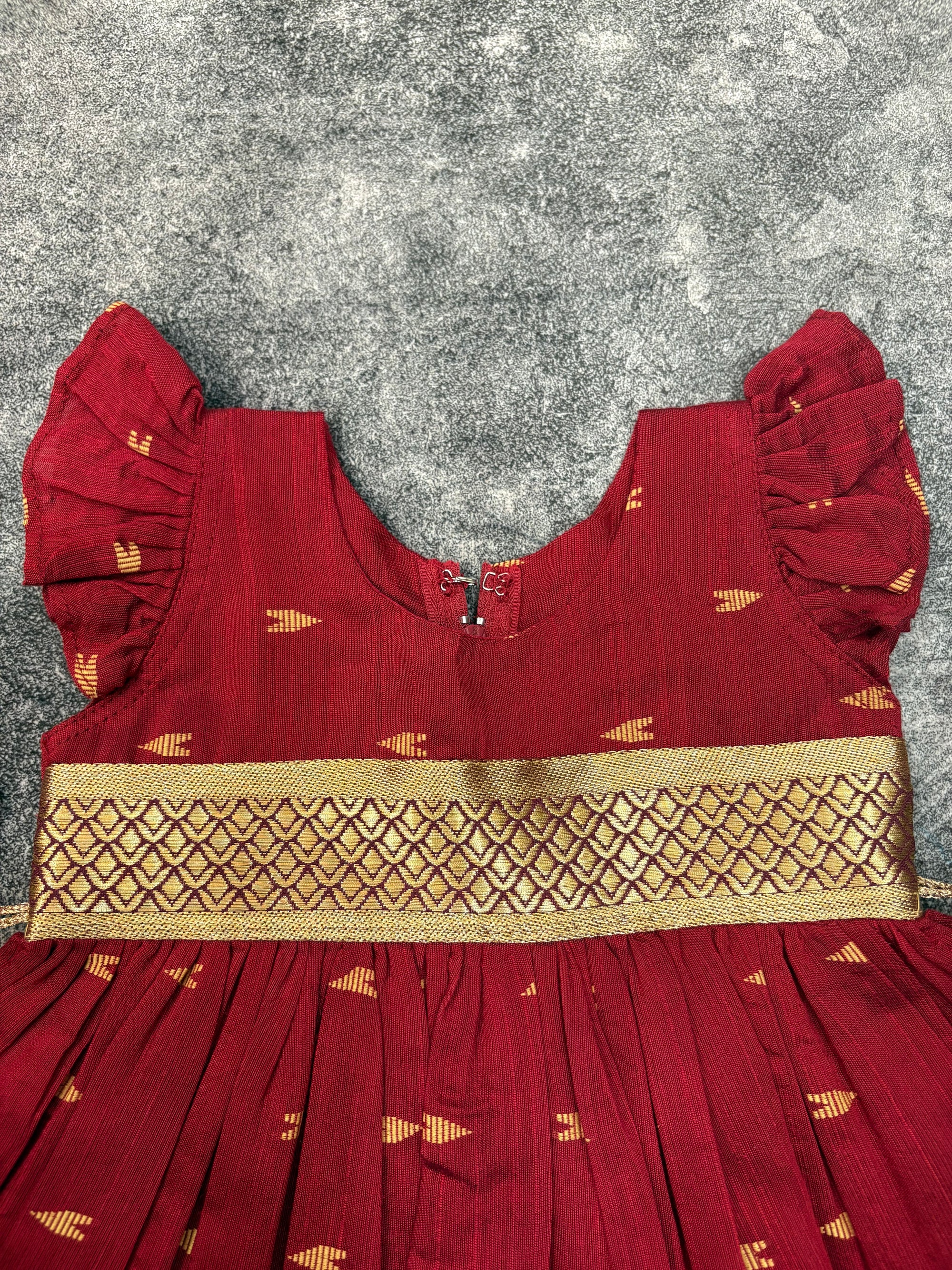 Maroon Raw Silk Frock Kids Dress for Baby Girl