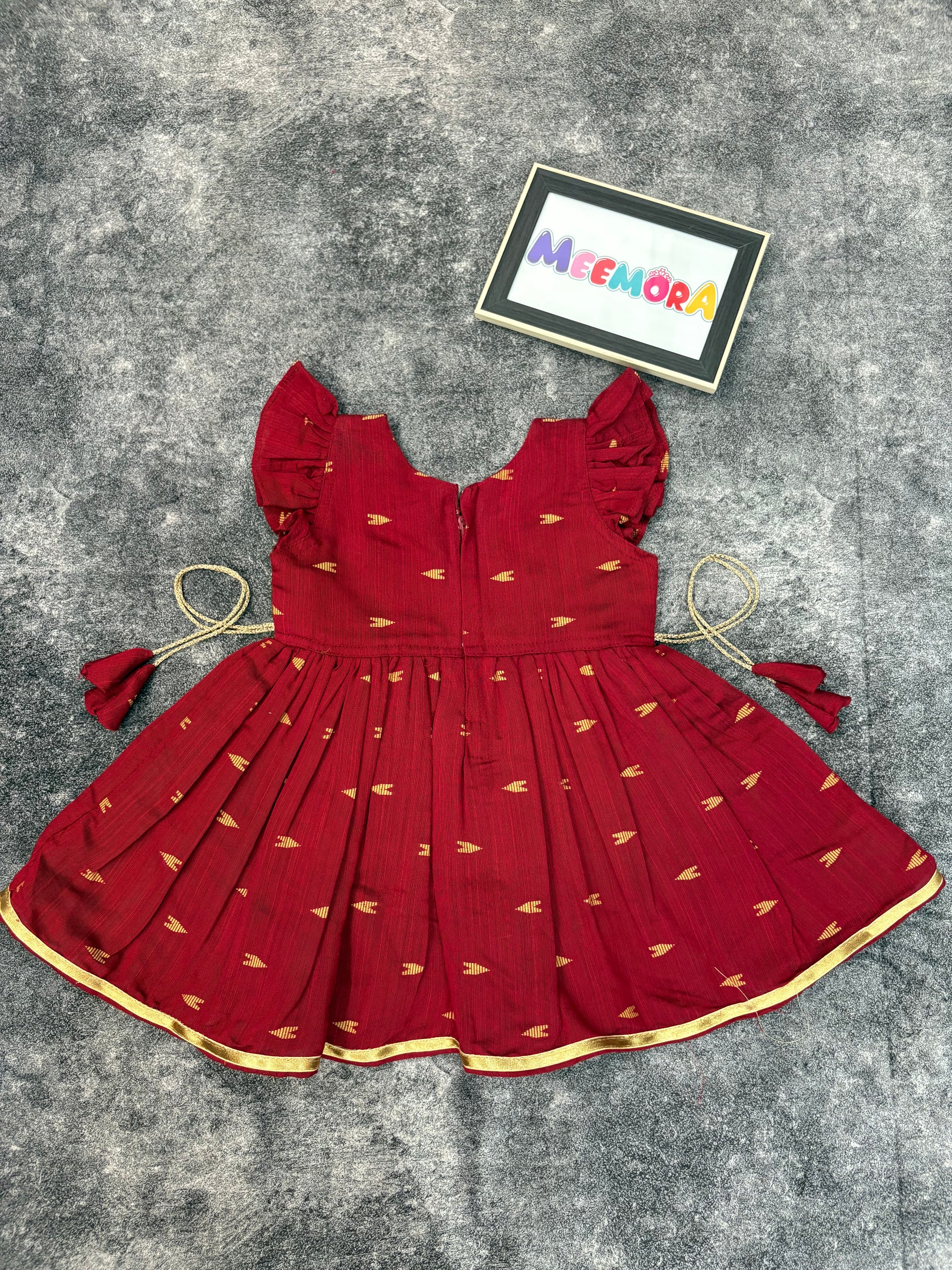 Maroon Raw Silk Frock Kids Dress for Baby Girl