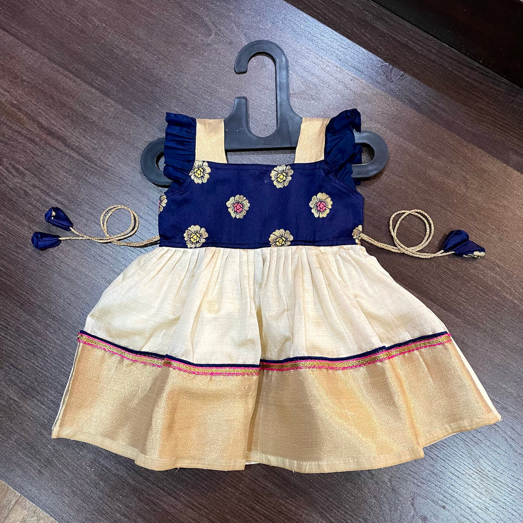 Cream Color Kasavu & Navy Blue Flower Frill Combination Frock