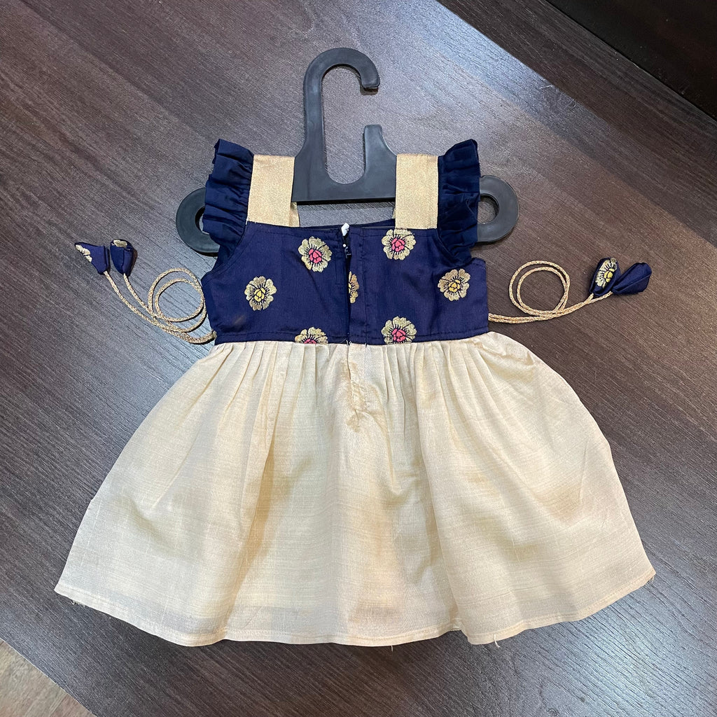 Cream Color Kasavu & Navy Blue Flower Frill Combination Frock